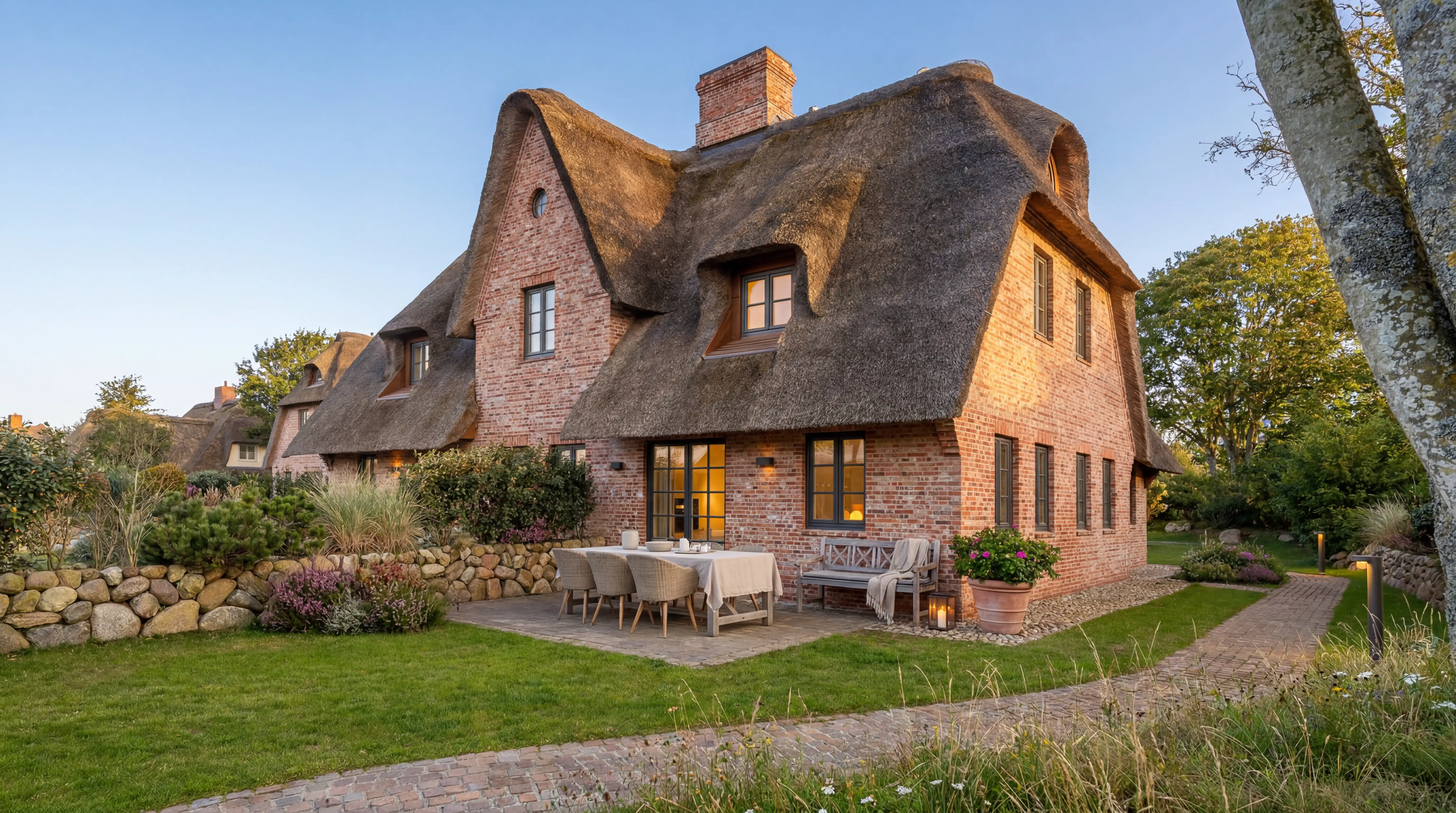 Reetgedecktes Friesenhaus mit Terrasse im Abendlicht