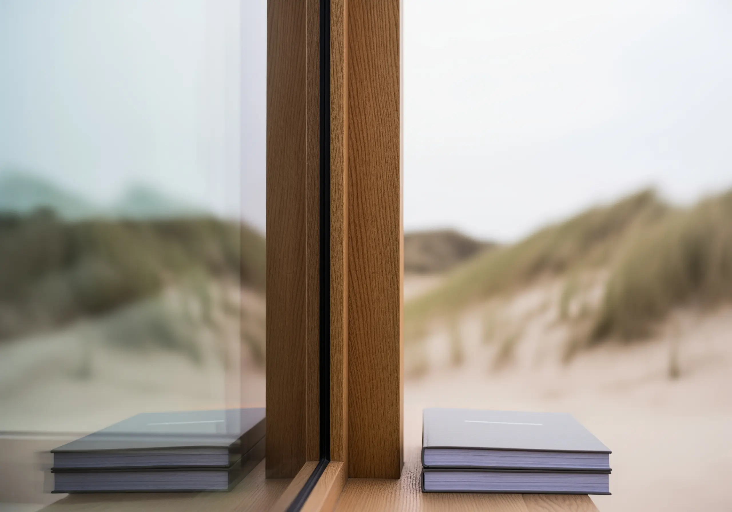 Blick durch ein Holzfenster auf die Dünen